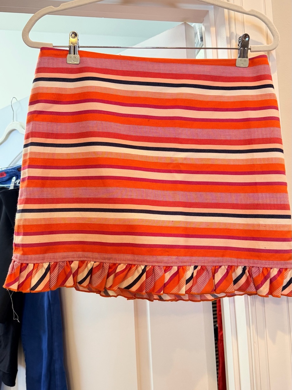 Trina Turk Pink and Orange Striped Ruffle Hem Mini Skirt